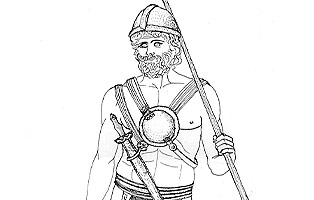 Ricostruzione dell'armamento di un guerriero della Sabina tiberina arcaica, con kardiophylax, mazza e lancia.