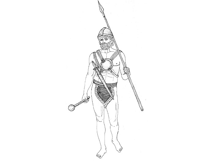  Ricostruzione dell'armamento di un guerriero della Sabina tiberina arcaica, con kardiophylax, mazza e lancia.