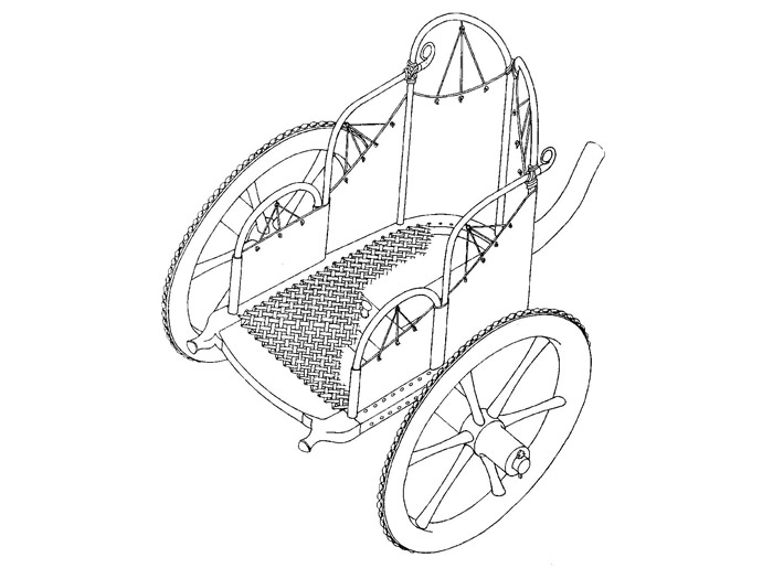 Ricostruzione di uno dei più antichi cocchi italici noti (720-710 a.C. circa), da una tomba principesca di guerriero della necropoli di Castel di Decima, Roma.