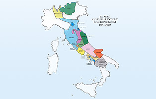 Carta dell'Italia che evidenzia le aree culturali antiche con deposizioni di carri.