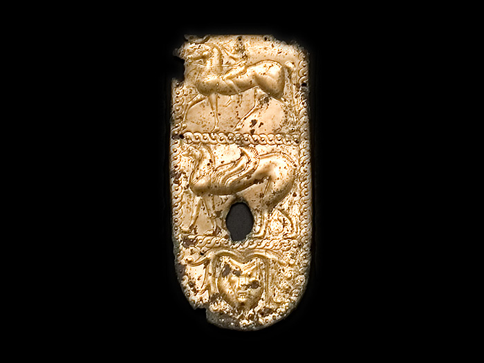 Lamina in bronzo che rivestiva il montante del sedile.