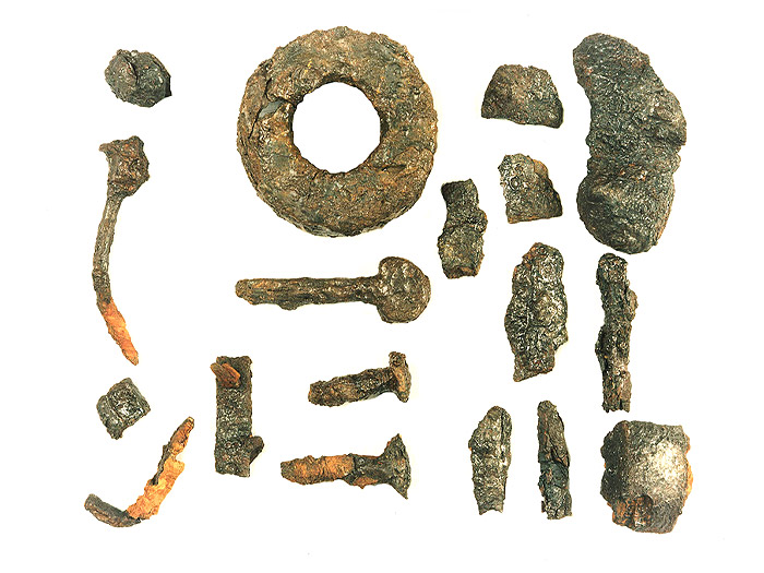 Una testata di mozzo e un acciarino con alcuni dei frammenti in ferro pertinenti al cocchio.