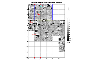Mappa magnetica: i pallini rossi corrispondono agli spigoli del rettangolo 10 x 100; le lettere A, B, C e D indicano le anomalie magnetiche, successivamente verificate con le campagne di scavo 2000 e 2003. Per l'acquisizione dei dati si è fatto uso del gradiometro fluxgate Geoscan, mod. FM36.