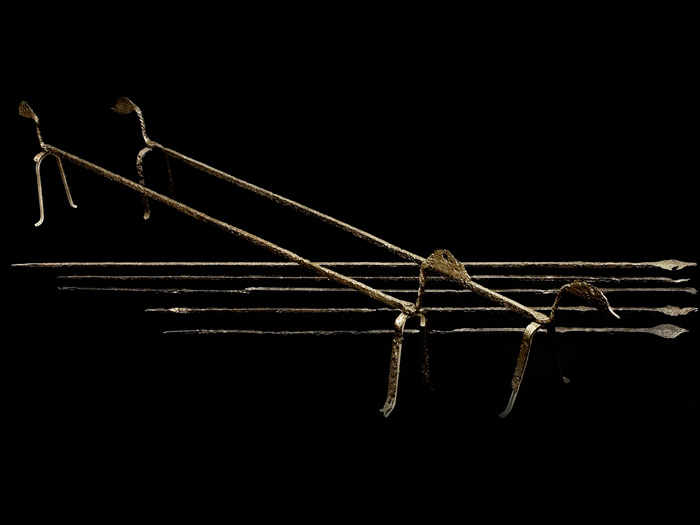 Cinque spiedi in ferro con punta lanceolata.