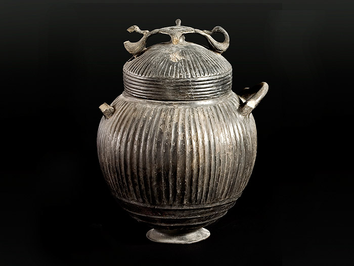  Olletta in impasto bruno su piede a tromba, decorata da fitte strigilature con coperchio a calotta emisferica, con presa a disco arricchita da quattro anatrelle.